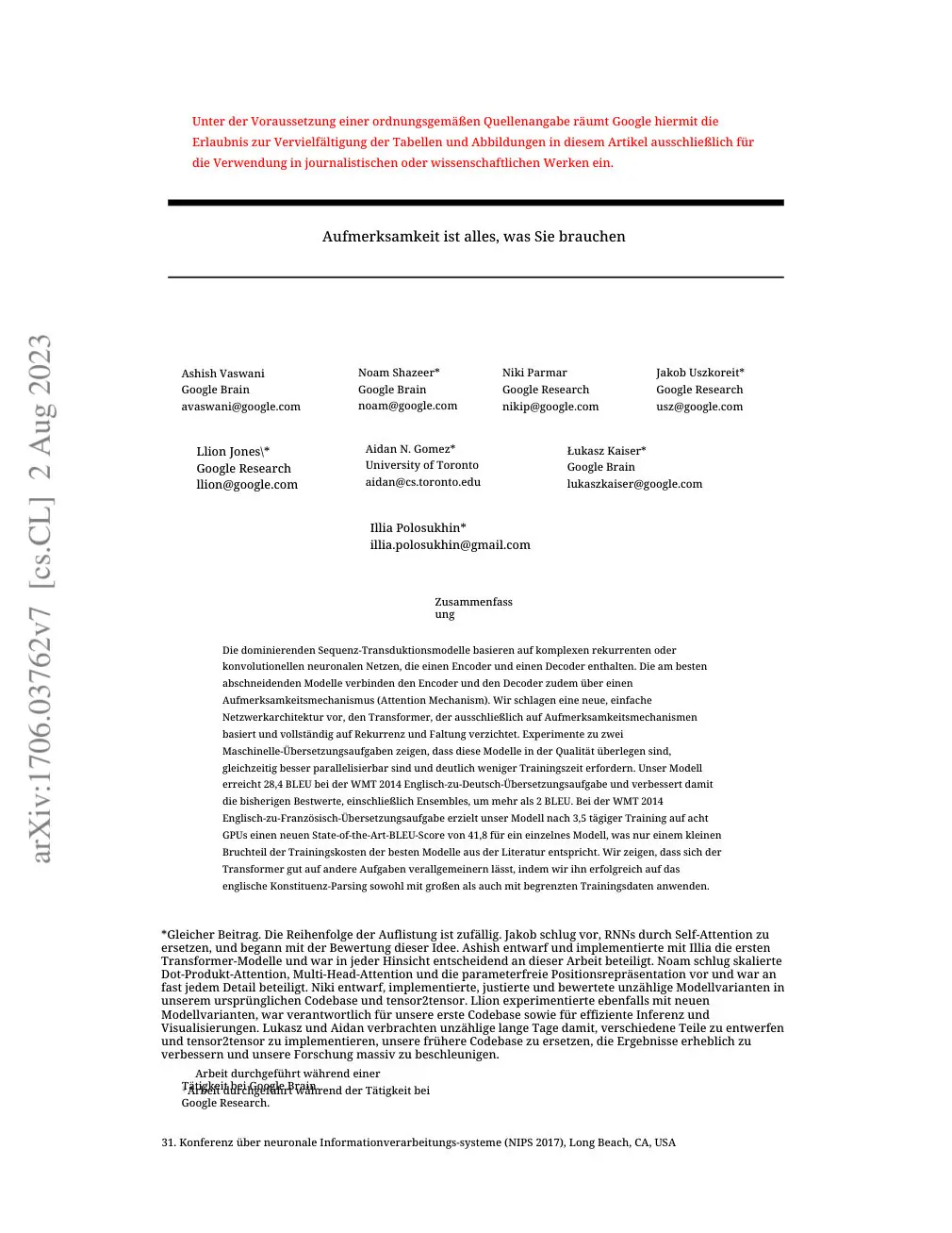 Attention Is All You Need translated page 1 (de)