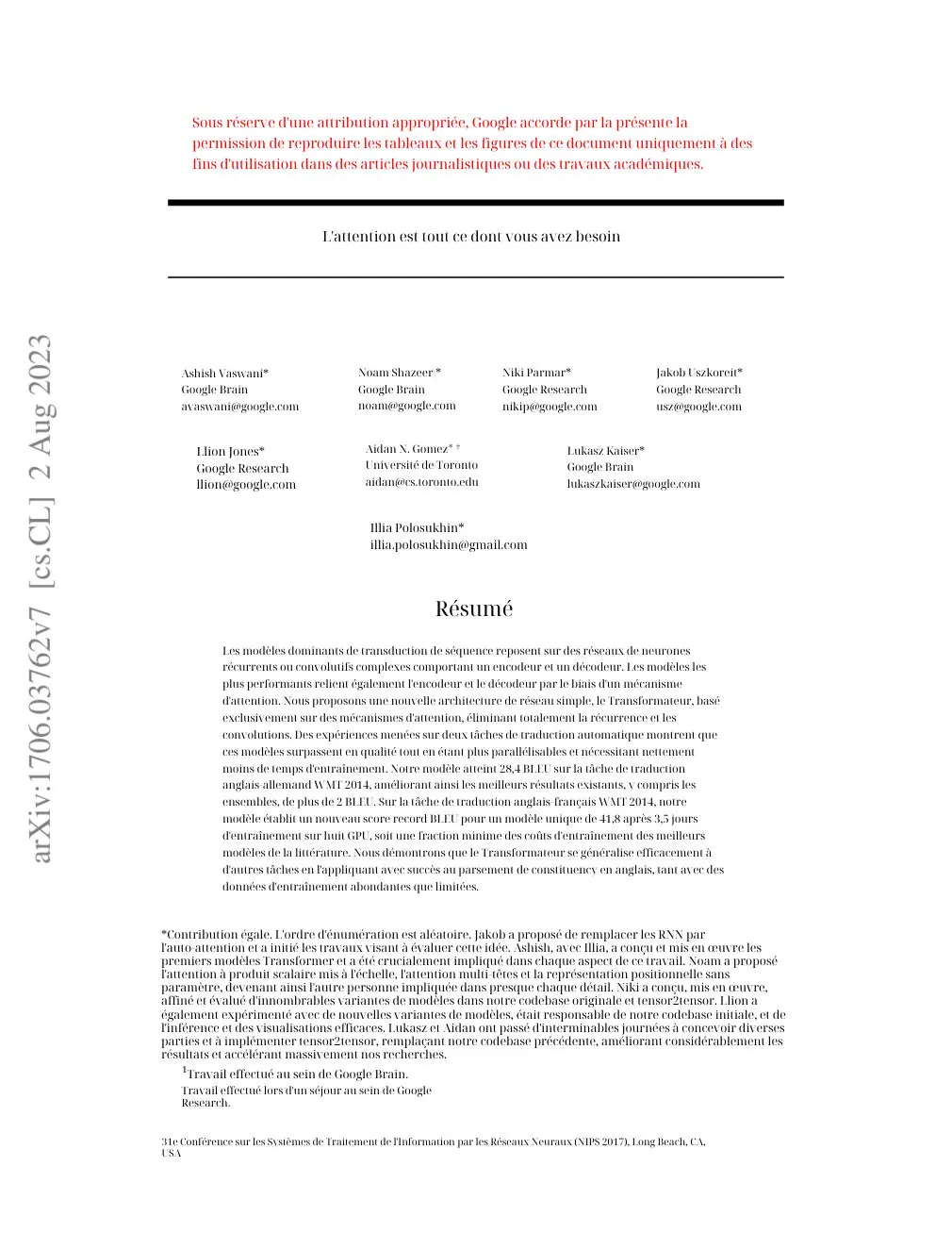 Attention Is All You Need translated page 1 (fr)